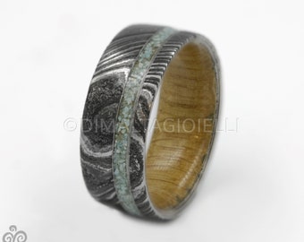 Damascus Steel Ring: Whiskey Barrel Wood & Turquoise Inlay