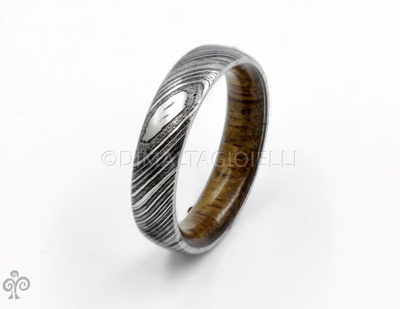 wood ring DAMASCUS steel ring wood wedding band man ring TEAK WOOD ring inside wood band image 9