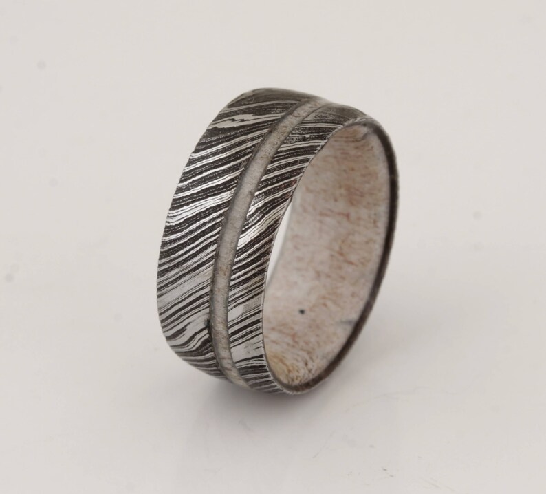 ANTLER RING DAMASCUS steel ring Antler wedding band mens wedding ring Antler ring man woman ring