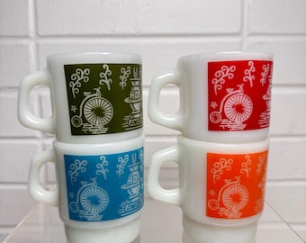 Fire King HOMESTEAD Milk Glass Mugs Set of 4 Orange, Green, Blue and Red