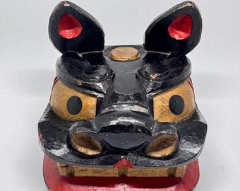 Vintage Shishigara japanische Holzkunst Spielzeug Handpuppe Hund Löwenkopf (Shishimai Kopf Maske Löwenkopf)