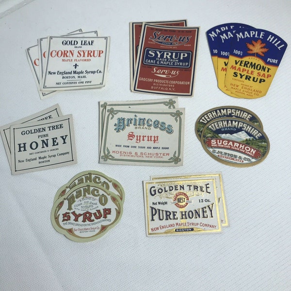 16 vintage Sirop LABELS Maple Cane Corn Honey New England Boston New York UNUSED