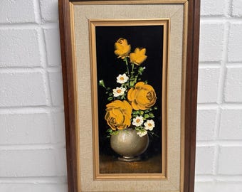 Vintage FLORAL BOUQUET Black Velvet Painting Framed 8" x 14"