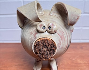 Signierte Klinger Art Pottery Sparschwein Vintage 8 "x 10" Studio Schwein mit Kork Nase Braun glasierte Folk Boho Keramik Spardose