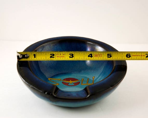 Red Pottery with Blue and Turquoise Drip Glaze S W Logo with Bird on Red Circle 5 34 Inches Wide Vintage Cigar Ashtray Signed Vega 36
