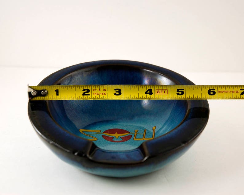 Red Pottery with Blue and Turquoise Drip Glaze S W Logo with Bird on Red Circle 5 34 Inches Wide Vintage Cigar Ashtray Signed Vega 36