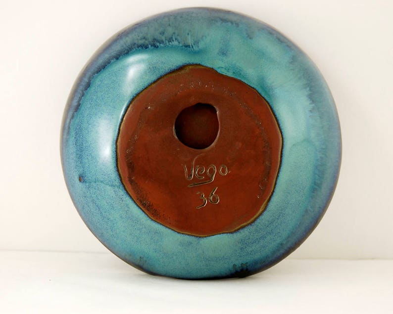 Red Pottery with Blue and Turquoise Drip Glaze S W Logo with Bird on Red Circle 5 34 Inches Wide Vintage Cigar Ashtray Signed Vega 36