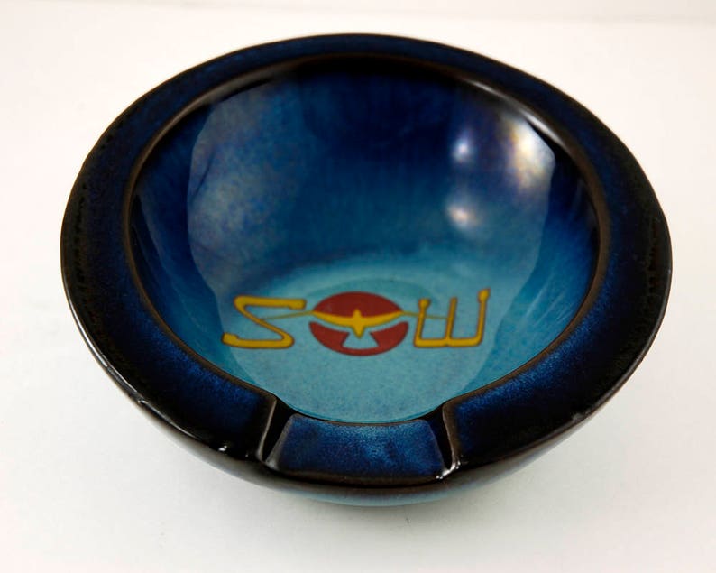 Red Pottery with Blue and Turquoise Drip Glaze S W Logo with Bird on Red Circle 5 34 Inches Wide Vintage Cigar Ashtray Signed Vega 36