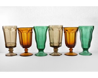 Mismatched Iced Tea Tumblers, Set of 6 Vintage Patterned Glasses, Brown Amber Emerald Green, Fostoria Imperial Glass Anchor Hocking
