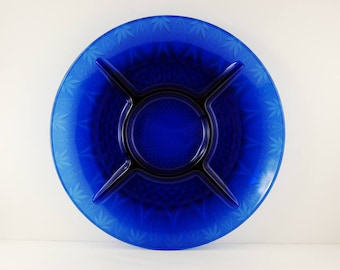 5 Part Relish Plate Avon Royal Sapphire, Cobalt Blue 10 1/8 Inch Divided Dish with Diamond and Leaf Pattern, Made in France