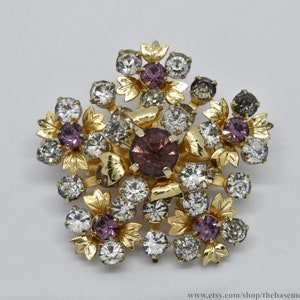 Vintage Amethyst and Clear Rhinestone Brooch, Gold Tone Pentagon Shape with Little Leaves