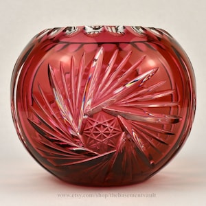 Vintage Crystal Rose Bowl Vase, Cranberry Cut to Clear, Star Pinwheel and Pineapple Hatch Design with Thumbprint Rim, 5 Inches Tall