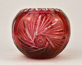 Vintage Crystal Rose Bowl Vase, Cranberry Cut to Clear, Star Pinwheel and Pineapple Hatch Design with Thumbprint Rim, 5 Inches Tall
