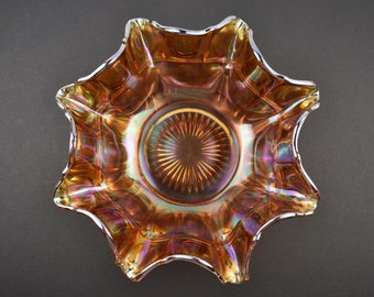 Vintage Imperial Marigold Carnival Glass Bowl: Thumbprint Ruffled Edge, 1930s