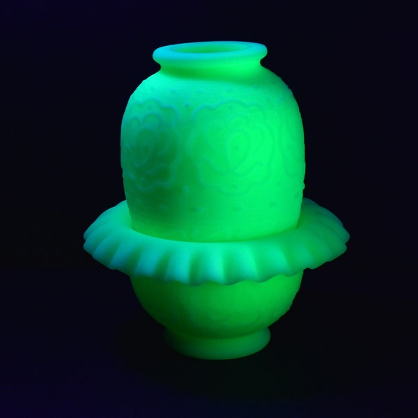 Vintage Fenton Fairy Lamp Persian Medallion Pattern, Lemon Custard Yellow Satin Uranium Glass, Glows Under UV Black Light, No Middle Insert