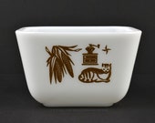 Vintage Pyrex Refrigerator Dish, Early American Pattern Corn Cat Coffee Grinder Shapes, 1962 to 1971, 501 B 1 1 2 Cup Size, No Lid