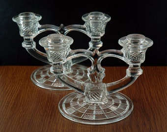 Vintage Double Candlesticks Pair, Crystal Clear Glass, Two Taper Candle Holders, Indiana Glass Block and Rib