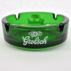 Round Green Glass Ashtray for Grolsch Beer, Vintage Tobacciana Beer Advertisement 4.25 Inches Made in France