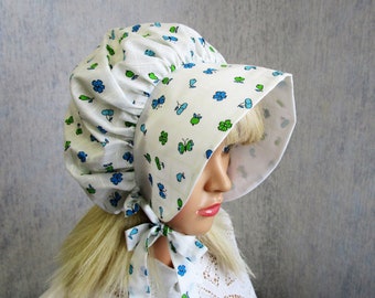 Girls Cotton Victorian Sun Bonnet Prairie Bonnet Pioneer Hat White Turquoise Blue Upcycled