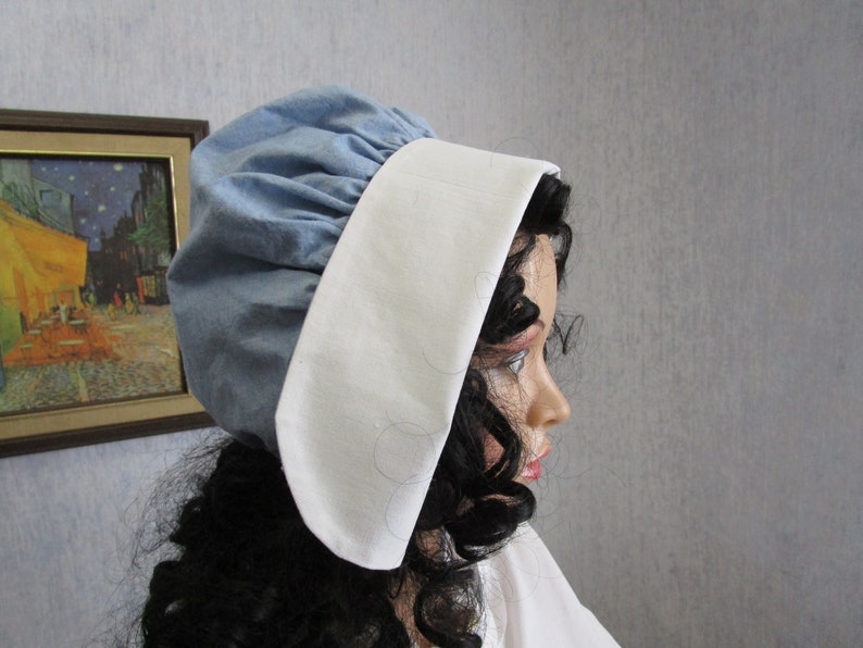 Adult Cotton Ticking Victorian Bonnet Prairie Pioneer Hat Powder Blue