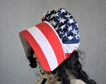 Adult  American Flag Prairie Bonnet Red White & Blue Stars and Stripes Upcycled Cotton