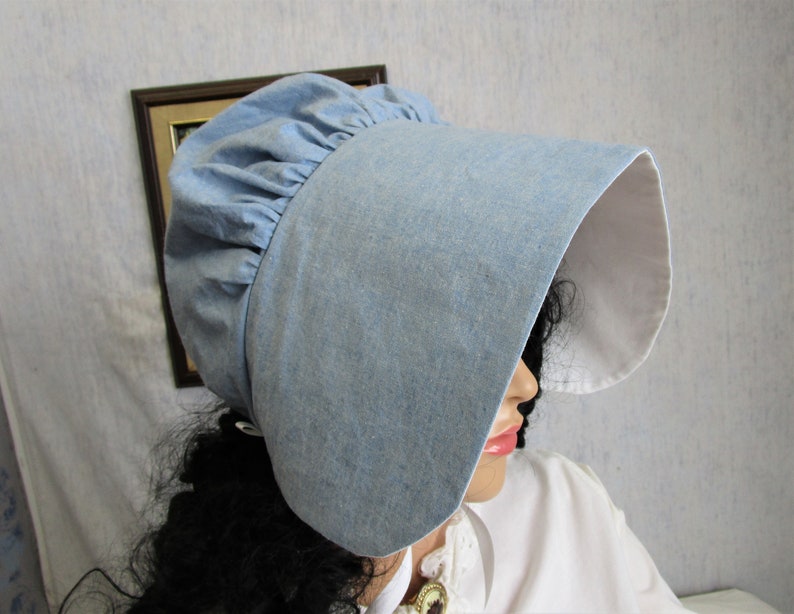 Adult Cotton Ticking Victorian Bonnet Prairie Pioneer Hat Powder Blue