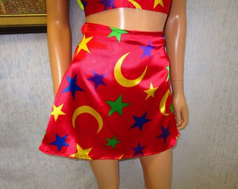 90s S 25" Mini Skirt Red Satin Stars & Moons Print WeirdoWear Deadstock NOS