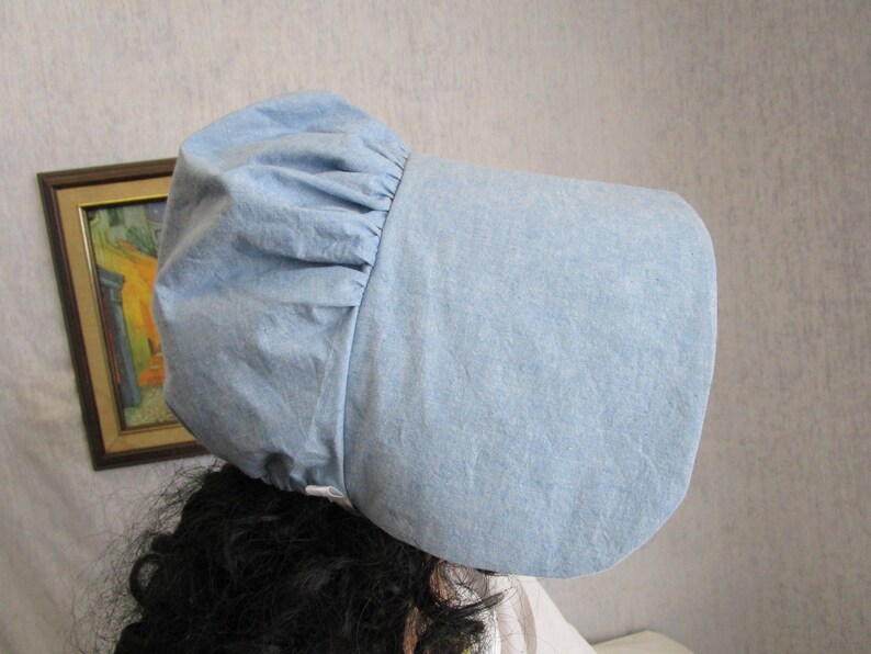 Adult Cotton Ticking Victorian Bonnet Prairie Pioneer Hat Powder Blue
