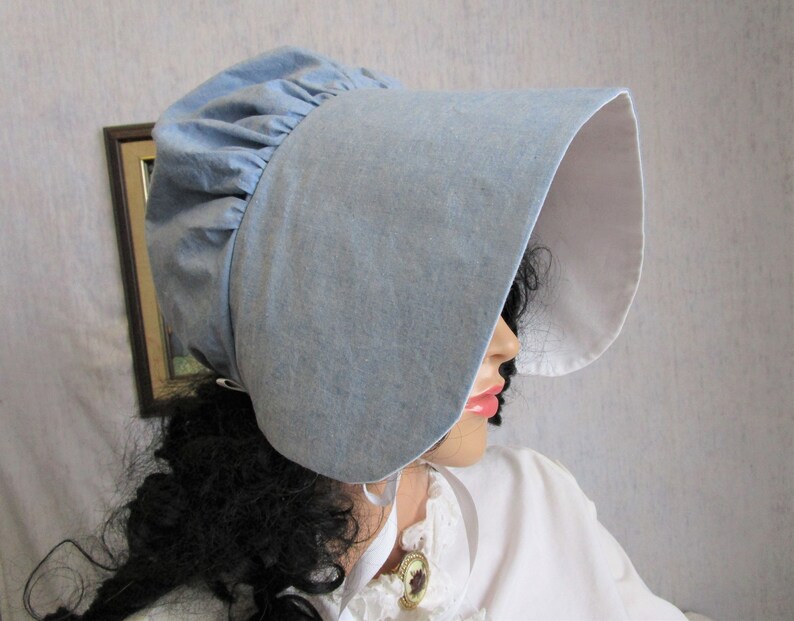 Adult Cotton Ticking Victorian Bonnet Prairie Pioneer Hat Powder Blue