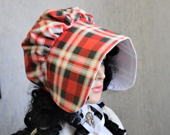 Adult Upcycled Prairie Bonnet Pioneer Hat Brushed Cotton Red Charcoal Gray Plaid