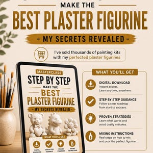 May include: An online masterclass, "Step by Step: Make the Best Plaster Figurine." The image shows a tablet with the course details, plaster figurines, and icons for digital download, guidance, strategies, and mixing instructions.