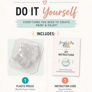 May include: A DIY kit featuring a clear plastic mould of a cat-like creature with a fish tail and a printed instruction card. The text reads Brush & Play Artists, DO IT Yourself, EVERYTHING YOU NEED TO CREATE, PAINT & ENJOY!, INCLUDES:, DIY INSTRUCTIONS, STEP-BY-STEP GUIDE TO CREATE YOUR MASTERPIECE, 1 PLASTIC MOULD, 1 INSTRUCTION CARD, and Create. Paint. Enjoy!