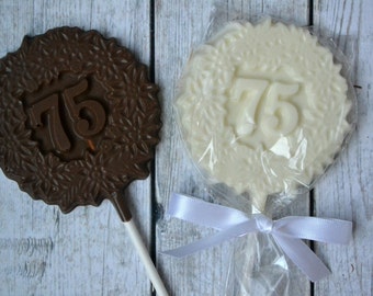 75th Birthday Chocolate Lollipops - 75th Birthday Party Favor - 75th Anniversary Favor - Chocolate Number 75 - Seventy Birthday