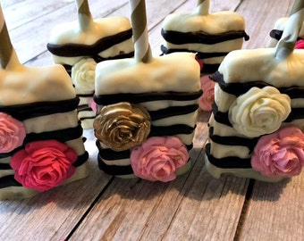 Rose Chocolate Covered Rice Krispy Treats - Bridal Shower Party Favor - Bridal Shower Dessert Table - Birthday Party Favor - Pink Black Gold