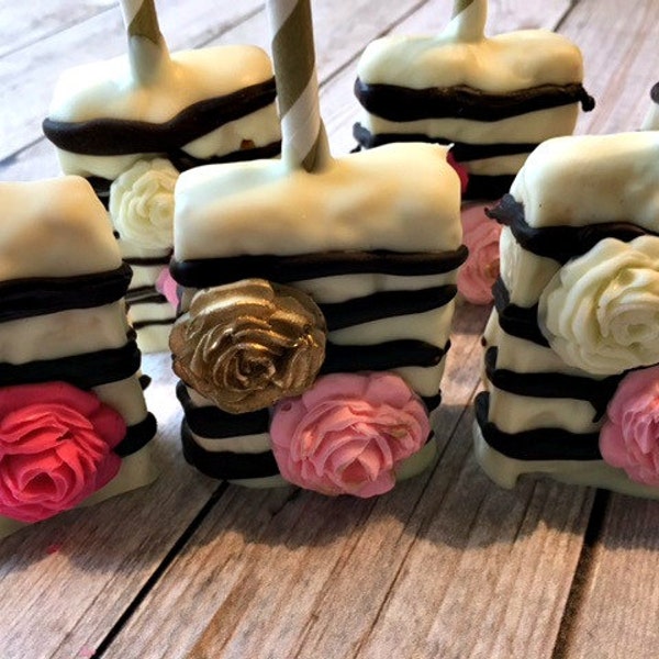 Rose Chocolate Covered Rice Krispy Treats - Bridal Shower Party Favor - Bridal Shower Dessert Table - Birthday Party Favor - Pink Black Gold