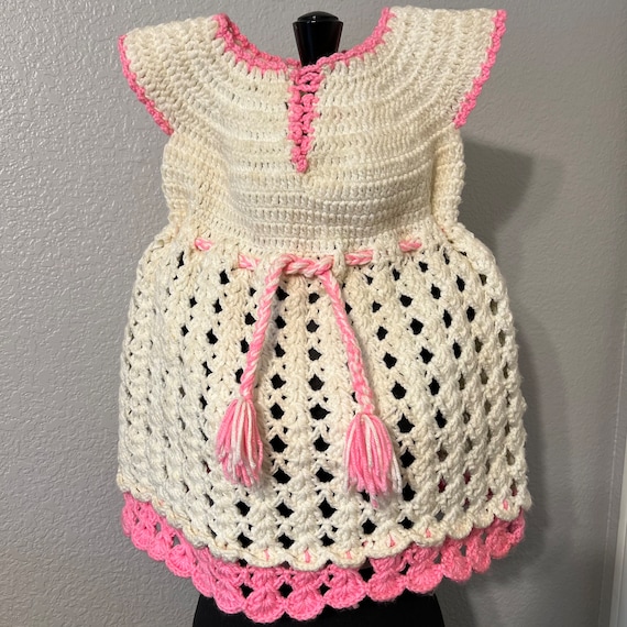 Cream and Pink Crochet Toddler Dress