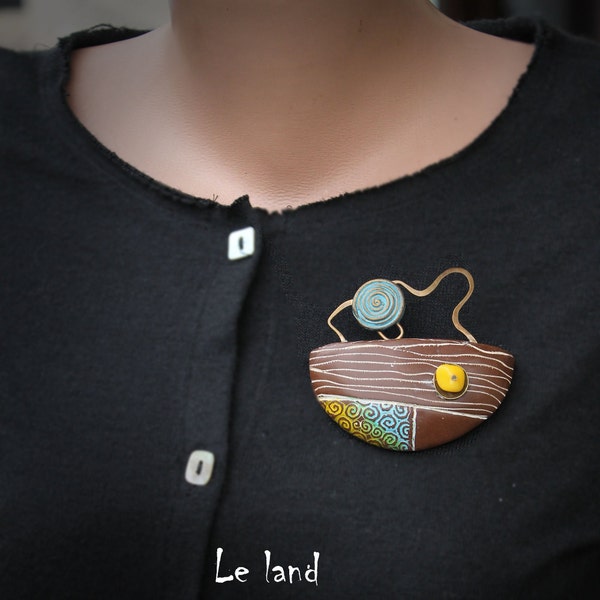 Broche d’art en argile polymère Broche moderne Broche unique Broche cadeau fait à la main pour ses bijoux artisanaux Broche contemporaine Le land