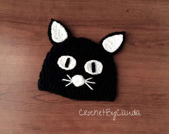 Crochet Black Kitty Beanie with White Accents, Made to Order