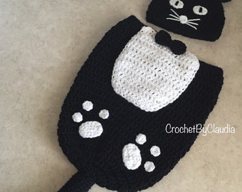 Crochet Black Kitty Beanie and Cocoon Set, Newborn Halloween Costume