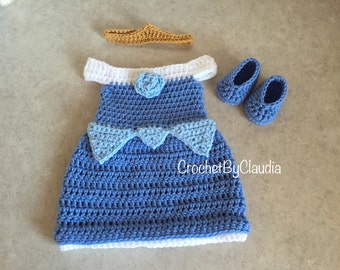 Crochet Sleeping Beauty Inspired Dress, Shoes & Crown Photo Prop Set