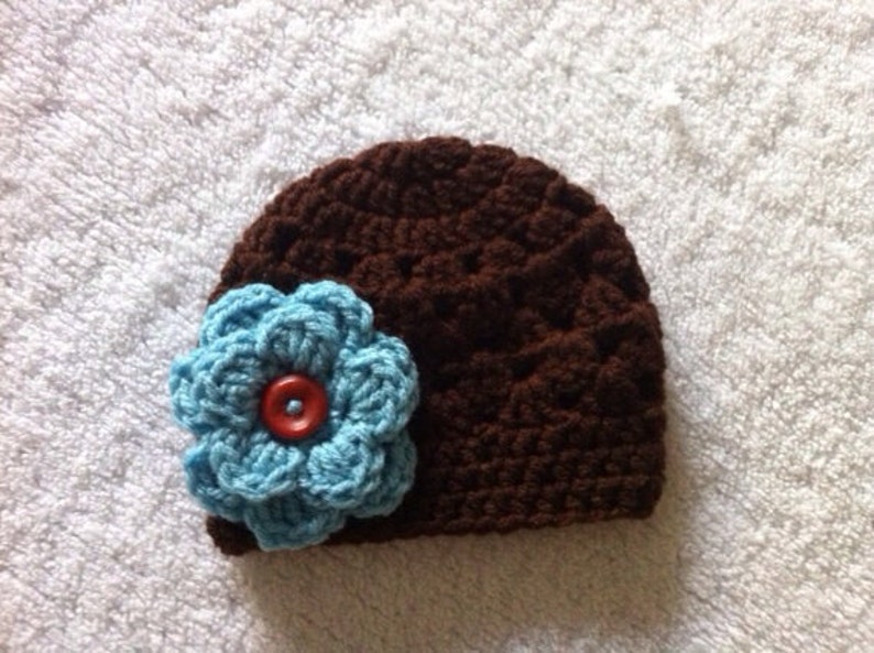 Crochet Newborn Baby Girl Beanie With Attached Flower
