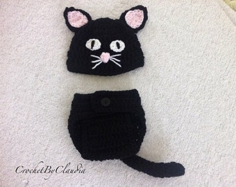 Crochet Black Kitty with Pink Or White Accents PhotoProp/Black Cat Costume/Black Cat Beanie/Made to Order