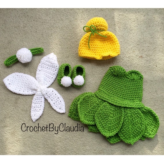 Crochet Tinkerbell costume for baby girls fairy outfit photo prop halloween dress up party newborn photo prop