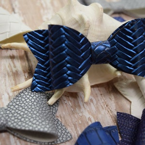 Blue Faux Leather Hair Bows, Textured Faux Leather Hair Bows, Back To School Hair Bows, Party Favor Hair Bows.