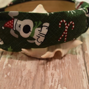 Christmas Doggie Knotted Headband - Fun Winter Headband - Dog with Santa Hat Headband - Comfortable Headband.