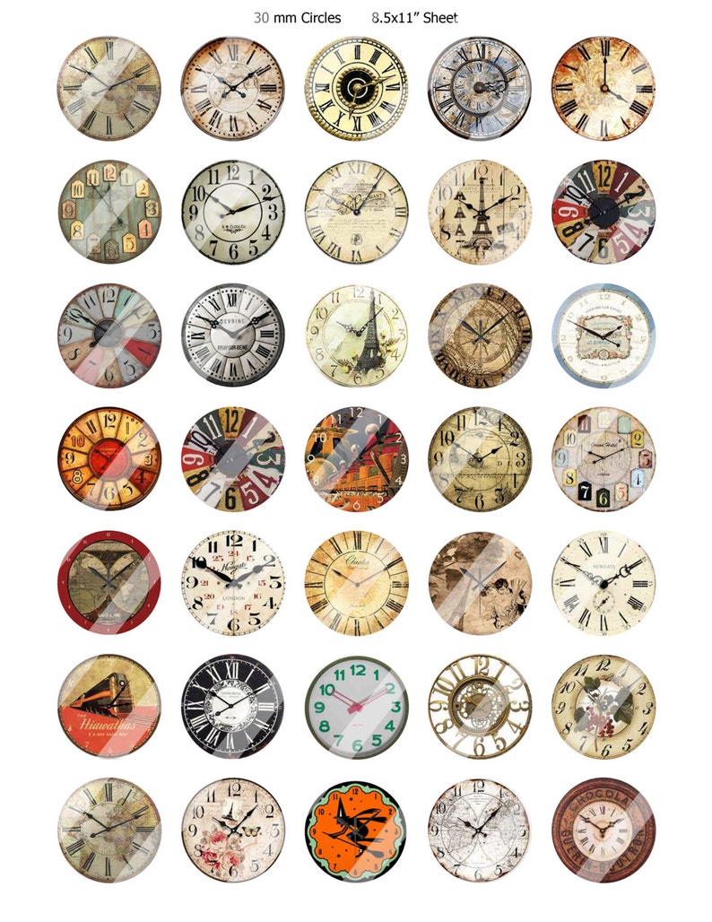 Clocks Digital Download Sheet Clock Designs 30mm Circles Etsy