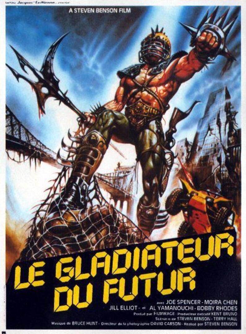 May include: A movie poster for the film "Le Gladiateur du Futur" featuring a futuristic warrior with a spiked weapon and a metal helmet. The poster has a black background with yellow text.