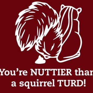 May include: A maroon background with a white graphic of a squirrel and the text "You're NUTTIER than a squirrel TURD!" The squirrel is depicted in a stylized, cartoonish manner.