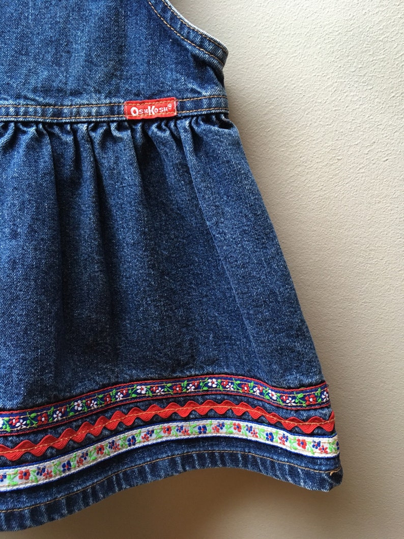 18M-Vintage OSH KOSH Medium Blue Denim Dress with Floral and Rickrack Trim
