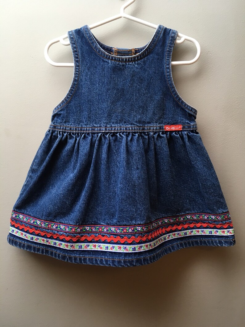 18M-Vintage OSH KOSH Medium Blue Denim Dress with Floral and Rickrack Trim